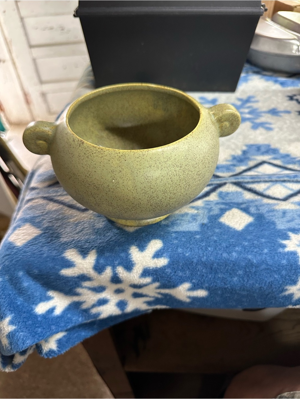 Floraline Speckled Olive Green Ceramic Bowl with Side Handles